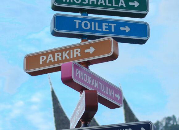 The Complete, Carry On Friendly Guide Colorful directional signs pointing to various locations like "Mushalla," "Toilet," and "Souvenir Kiosk" against a clear blue sky backdrop.