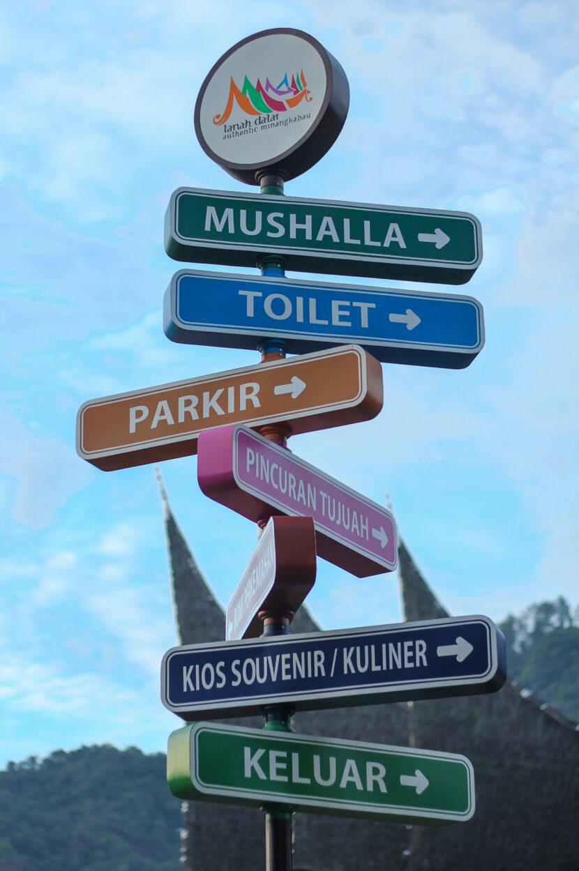 The Complete, Carry On Friendly Guide Colorful directional signs pointing to various locations like "Mushalla," "Toilet," and "Souvenir Kiosk" against a clear blue sky backdrop.