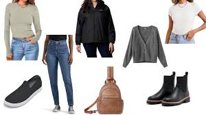 What to Pack for Chicago Getaways Casual outfit collage: beige sweater, black pullover, gray cardigan, white t-shirt, blue jeans, black slip-ons, brown backpack, and black boots on white background.