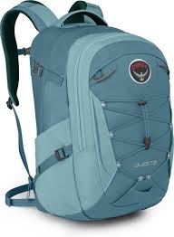 🧭 Osprey Questa Review: The Everyday Adventurer’s Backpack Light blue backpack with padded shoulder straps and multiple compartments. Features include front lacing and an embroidered logo. Sturdy and versatile.
