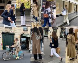Packing Guide for Paris A collage of people walking or biking in stylish fall outfits in a city, wearing trench coats, blazers, stripes, and neutrals, conveying a chic urban vibe.