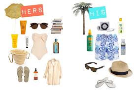 What to Pack for Barbados: A Stylish Guide to Island Essentials Alt text: "Beach essentials collage divided into 'Hers' and 'His'. 'Hers' includes a swimsuit, hat, sunglasses, and books. 'His' features swim trunks, hat, and camera. Both sections have sunscreen and flip-flops, conveying a fun, summer vibe."