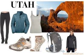 What to Wear When Visiting Utah National Parks Alt text: "Collage titled 'UTAH' with hiking gear including leggings, a blue jacket, tank top, hiking shoes, socks, and backpack. Background features a red rock arch."