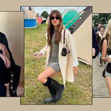 What to Wear to European Music Festivals Three images show fashionable individuals outdoors at an event. Center image features a woman in a beige coat and boots. The tone is stylish and vibrant.