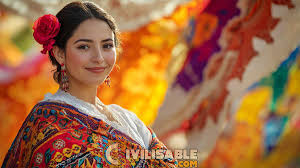 What to Wear in Uruguay A woman wearing a colorful traditional shawl and a red flower in her hair smiles warmly. Vibrant, festive decorations create a joyful, celebratory background.