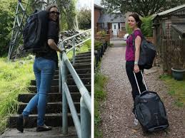 Wheeled Backpacks: Osprey Meridian Review Two images side by side: Left shows a person walking up stairs with a large backpack. Right shows a person pulling a wheeled suitcase on a path. Both appear outdoors.
