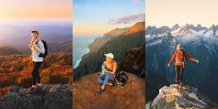 What to Wear When Backpacking Australia Three images of hikers: left, a woman in autumn foliage; center, a woman sitting on a cliff at sunset; right, a woman on a mountain peak with snowy backdrops.